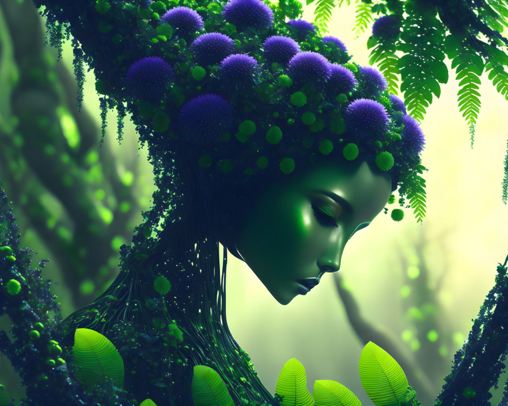 Green humanoid figure with tree-like features in misty forest landscape