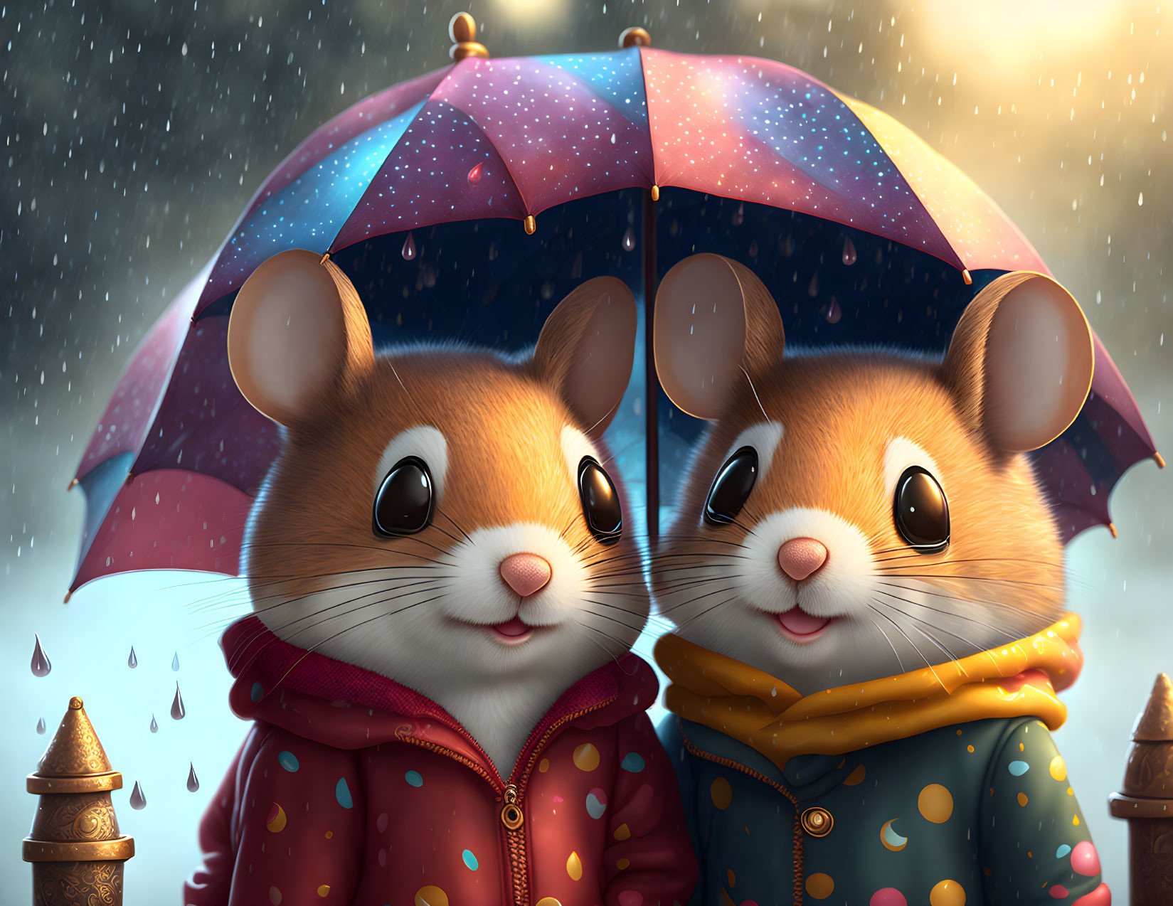Adorable animated mice under colorful umbrella in rain.