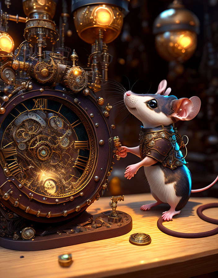 Steampunk-themed anthropomorphic mouse with clockwork device and gears