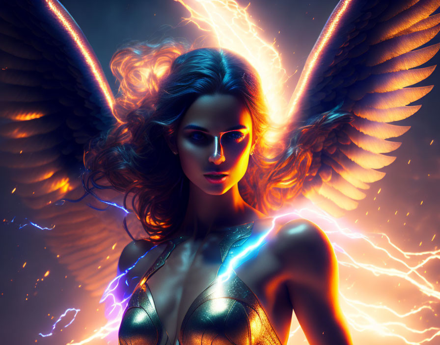 Woman with Glowing Eyes and Fiery Wings Surrounded by Lightning