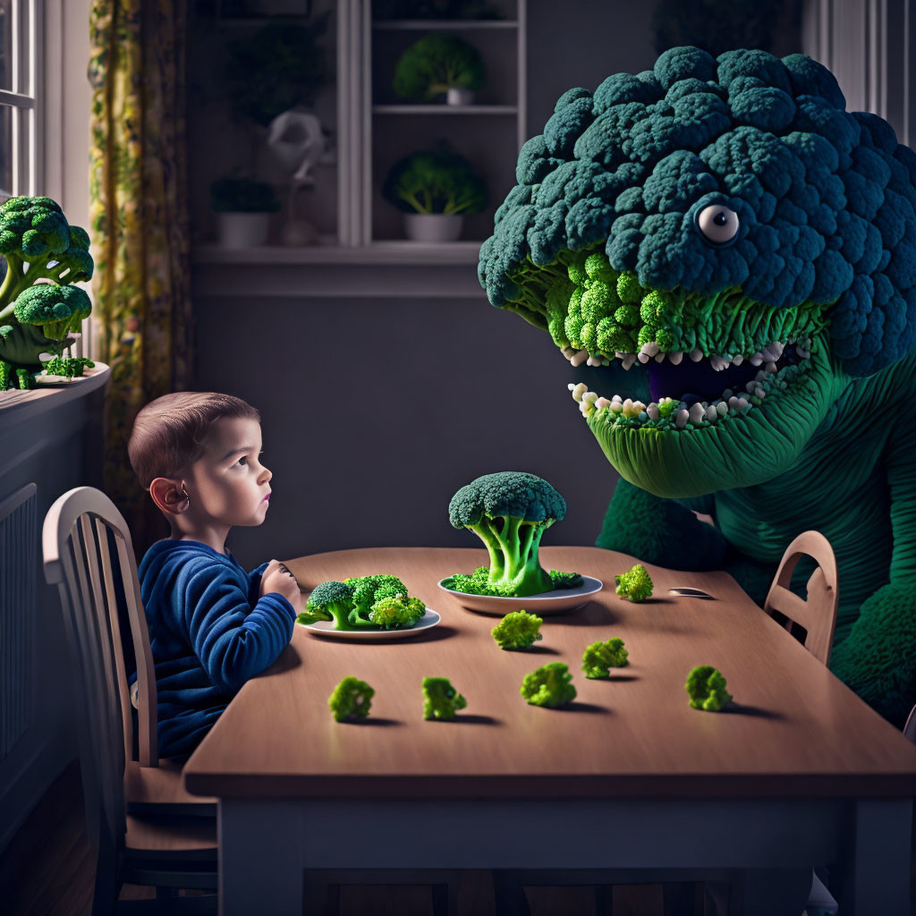 Child and broccoli dinosaur at dining table with plates of broccoli