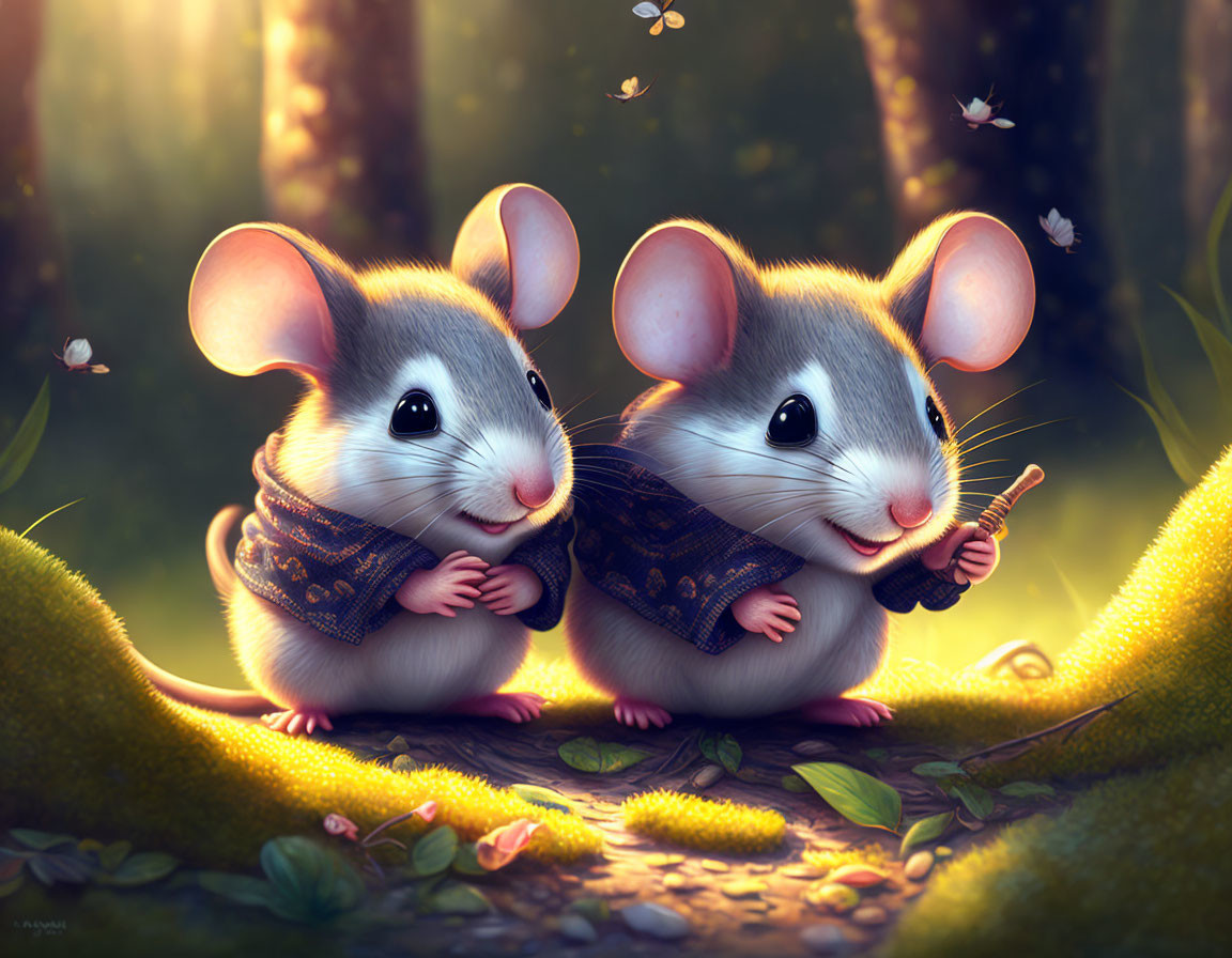 Cartoon mice in mystical forest with dandelion and blue scarves