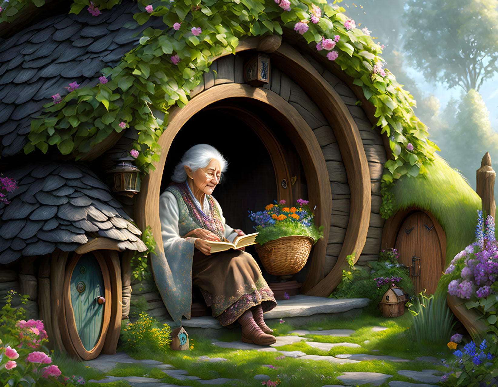 Elderly lady reading book outside quaint round-doored cottage