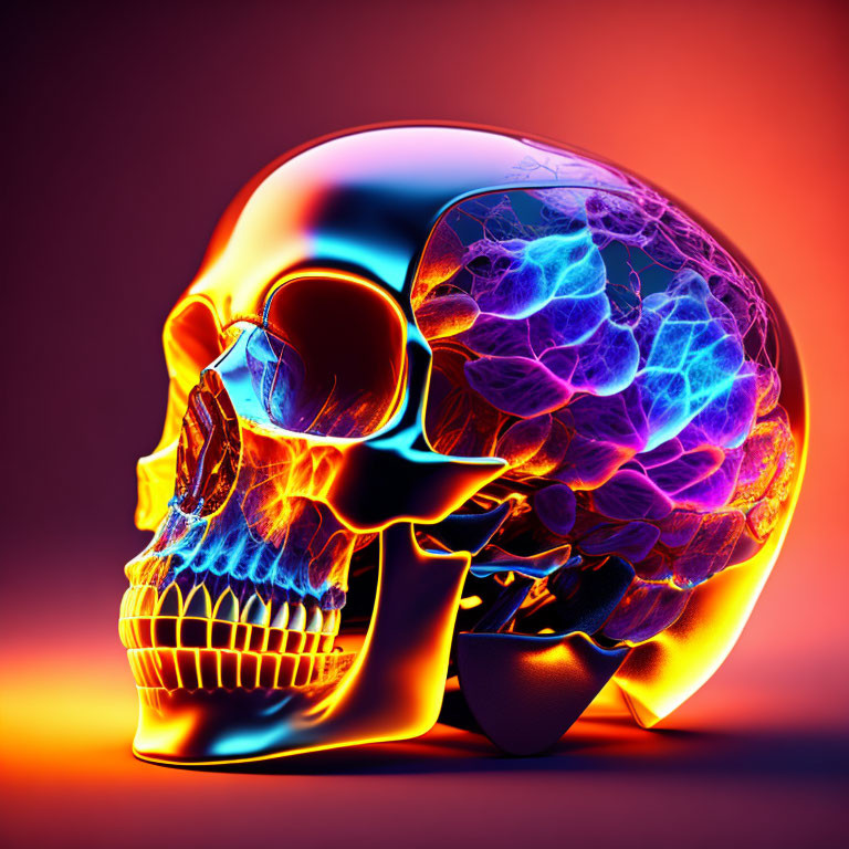 Colorful Skull Split in Orange and Blue on Red Background