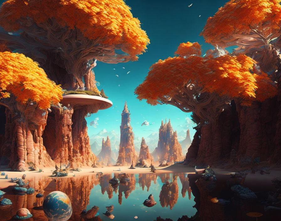 Ethereal landscape with towering orange-leafed trees on rock formations