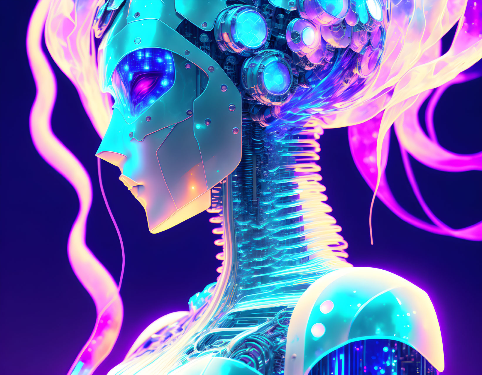 Detailed Robotic Humanoid Figure with Vibrant Neon Accents