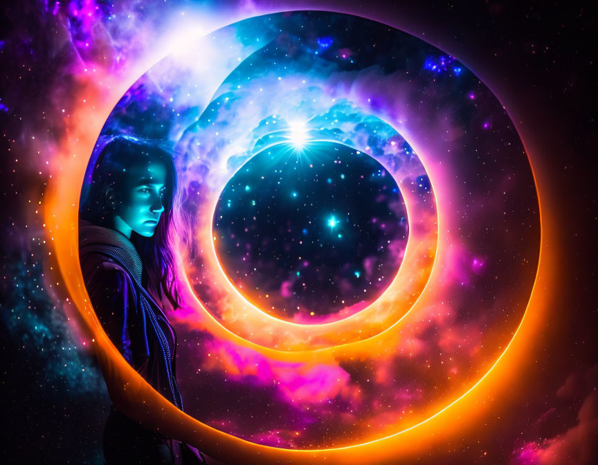 Vibrant cosmic vortex with woman standing before it