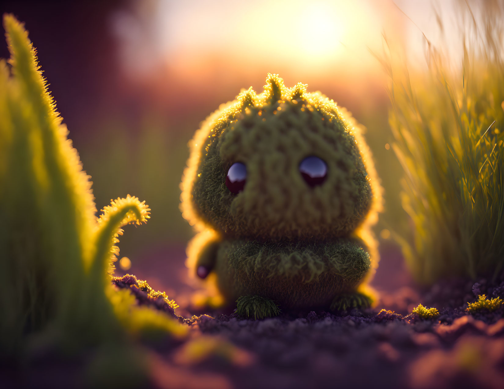 Green plush creature with big eyes in sunset-lit grassy terrain