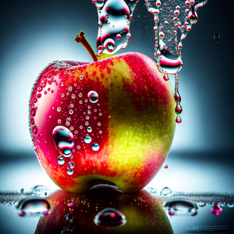 Fresh Red Apple with Water Droplets and Blurred Background