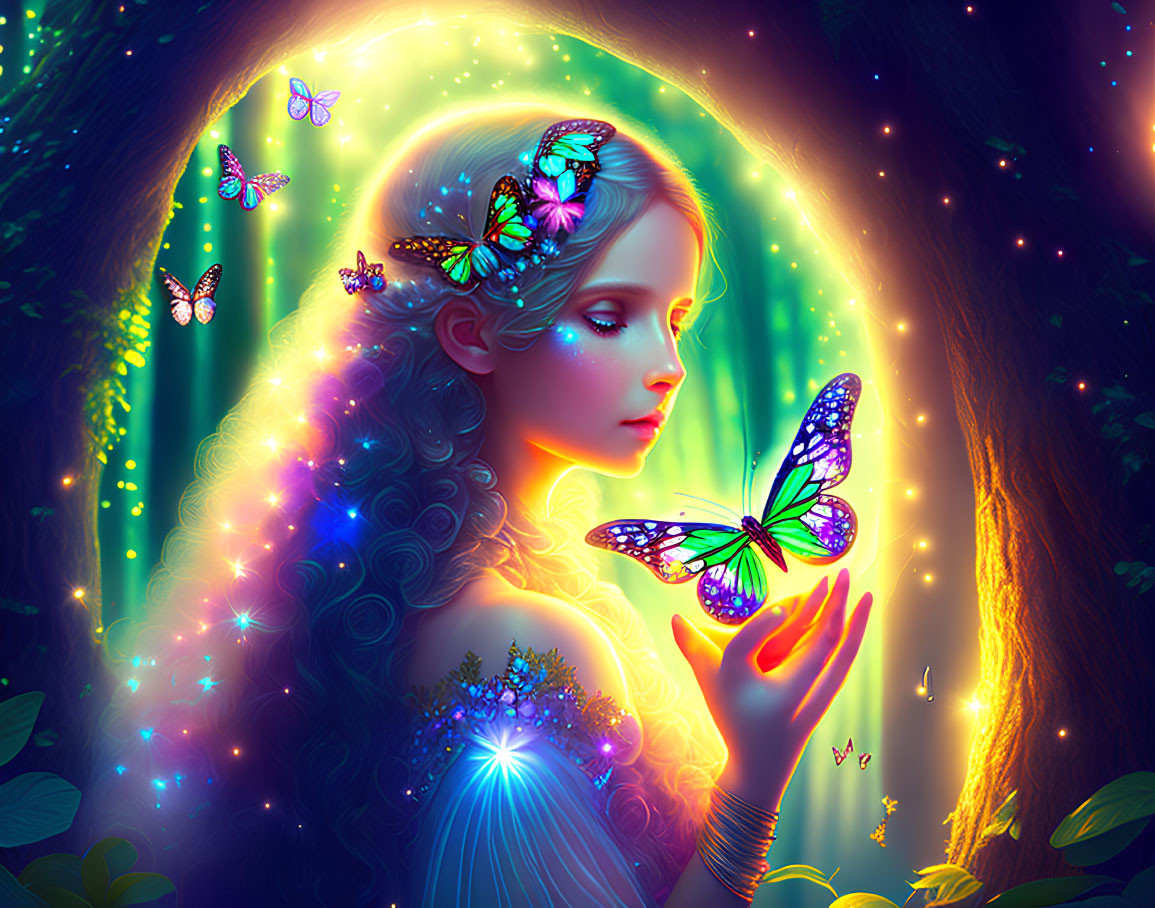 Mystical girl surrounded by luminescent butterflies in enchanted forest