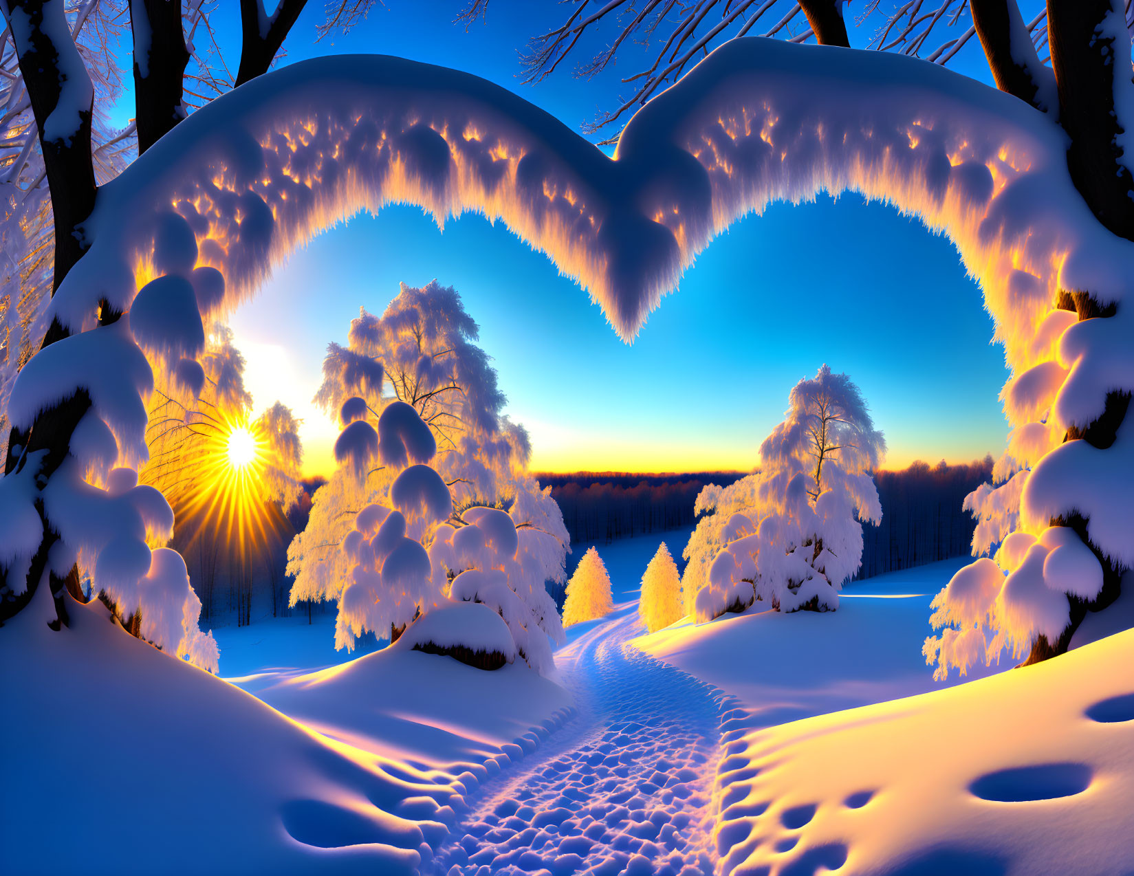 Winter Sunset Scene: Heart-Shaped Tree Silhouette in Snowy Landscape