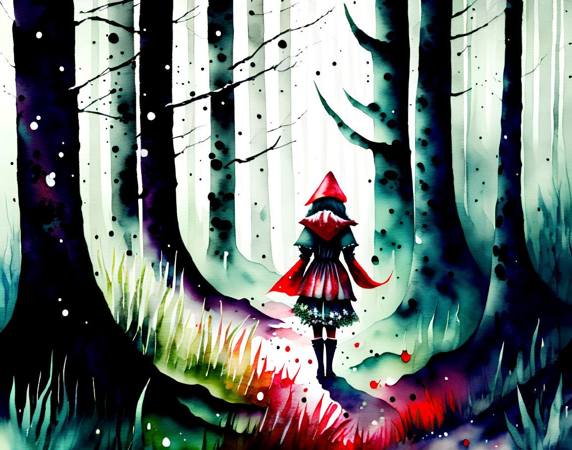 Colorful Watercolor Illustration: Person in Red Cloak in Fantastical Forest