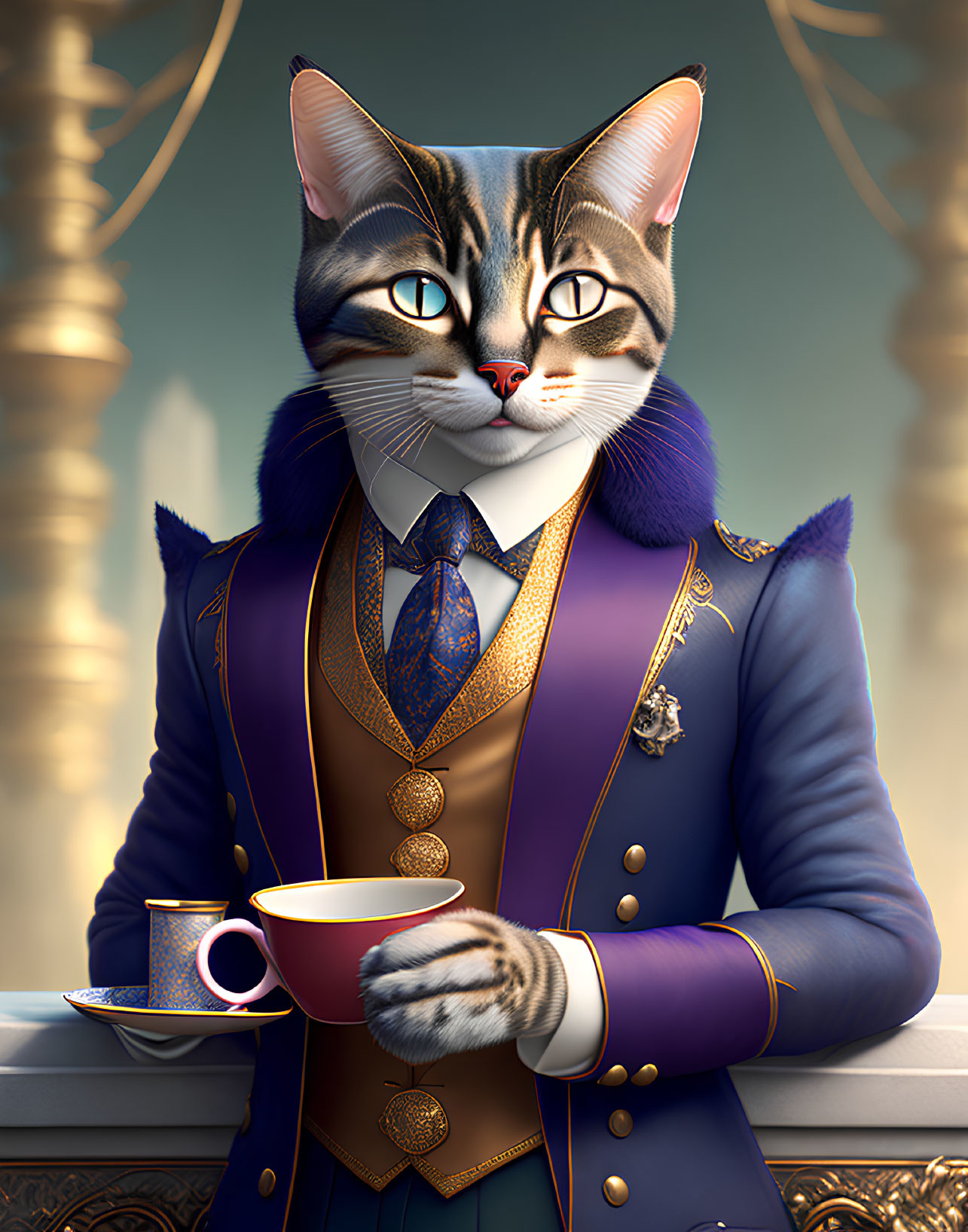 Elegant anthropomorphic cat in fancy suit with teacup and blue-gold attire