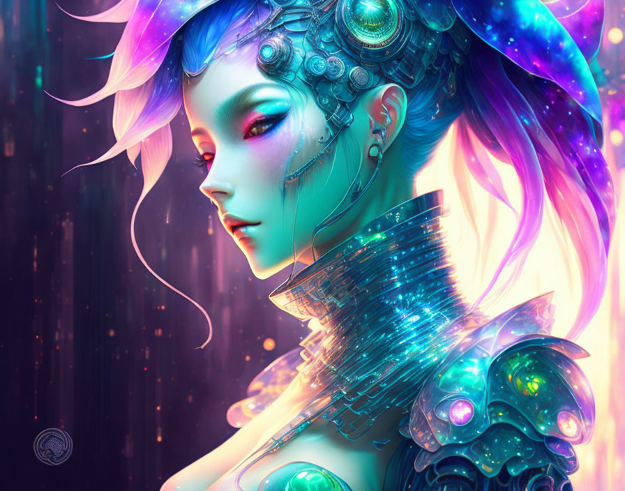 Futuristic female figure with cybernetic enhancements and vibrant hair