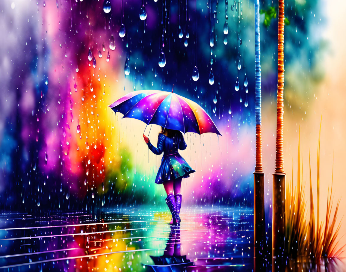 Colorful Umbrella Walking Figure in Rainy Scene