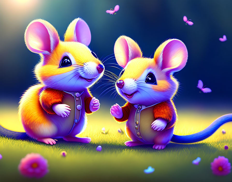 Vibrant animated mice in whimsical field with butterflies and flowers