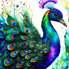 Colorful Peacock Illustration with Eye Patterned Feathers and Stylized Flora