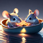 Animated mice in boat with lantern sharing tender moment on serene water