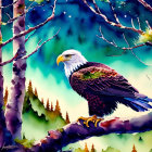 Bald eagle perched on birch branch in forest setting