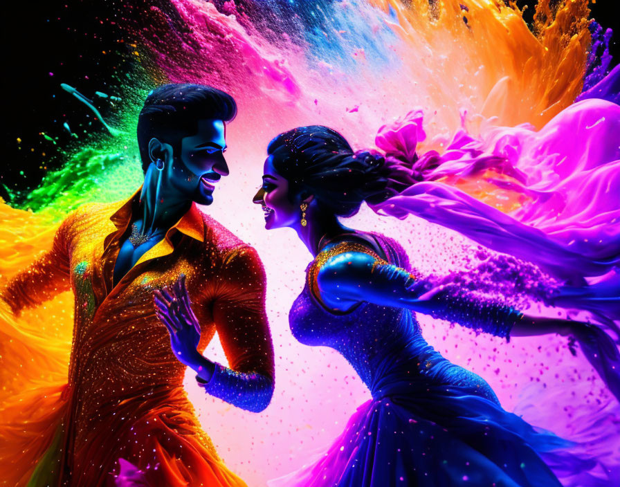 Colorful Dance Scene with Man and Woman Amid Neon Explosion