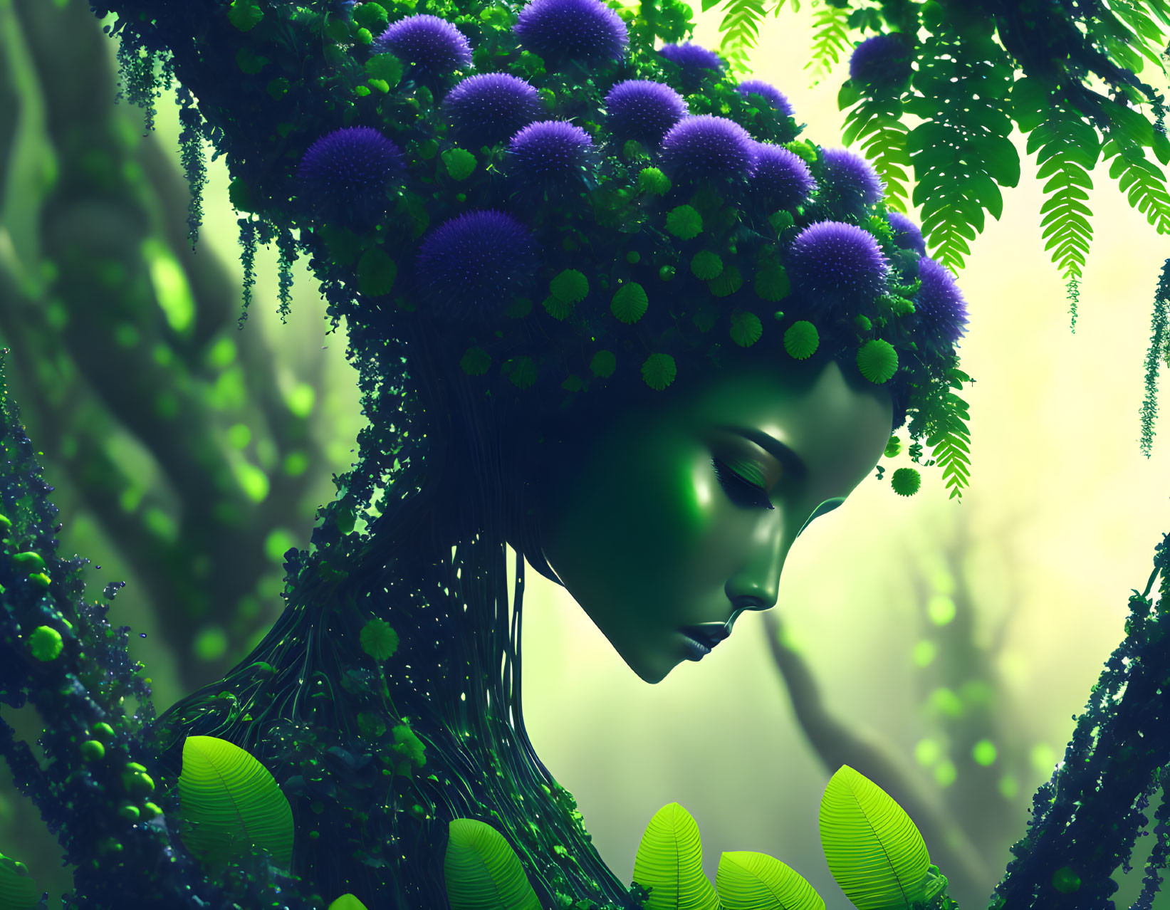 Green humanoid figure with tree-like features in misty forest landscape