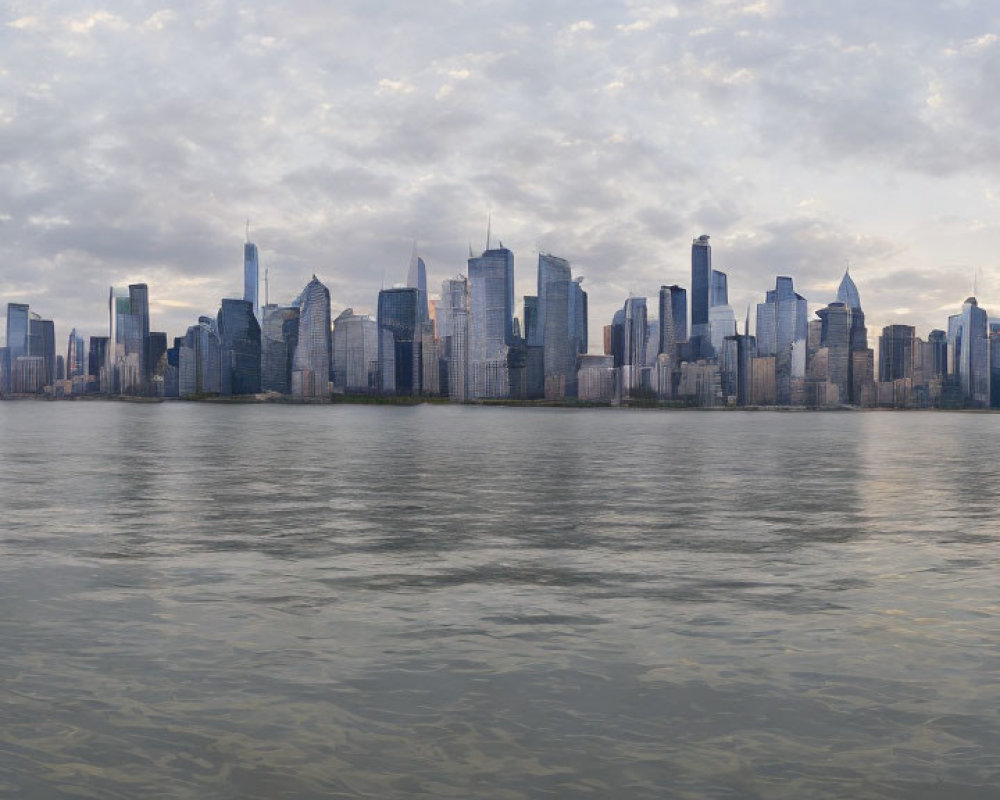City skyline panorama over calm water at dusk with cloudy sky reflections