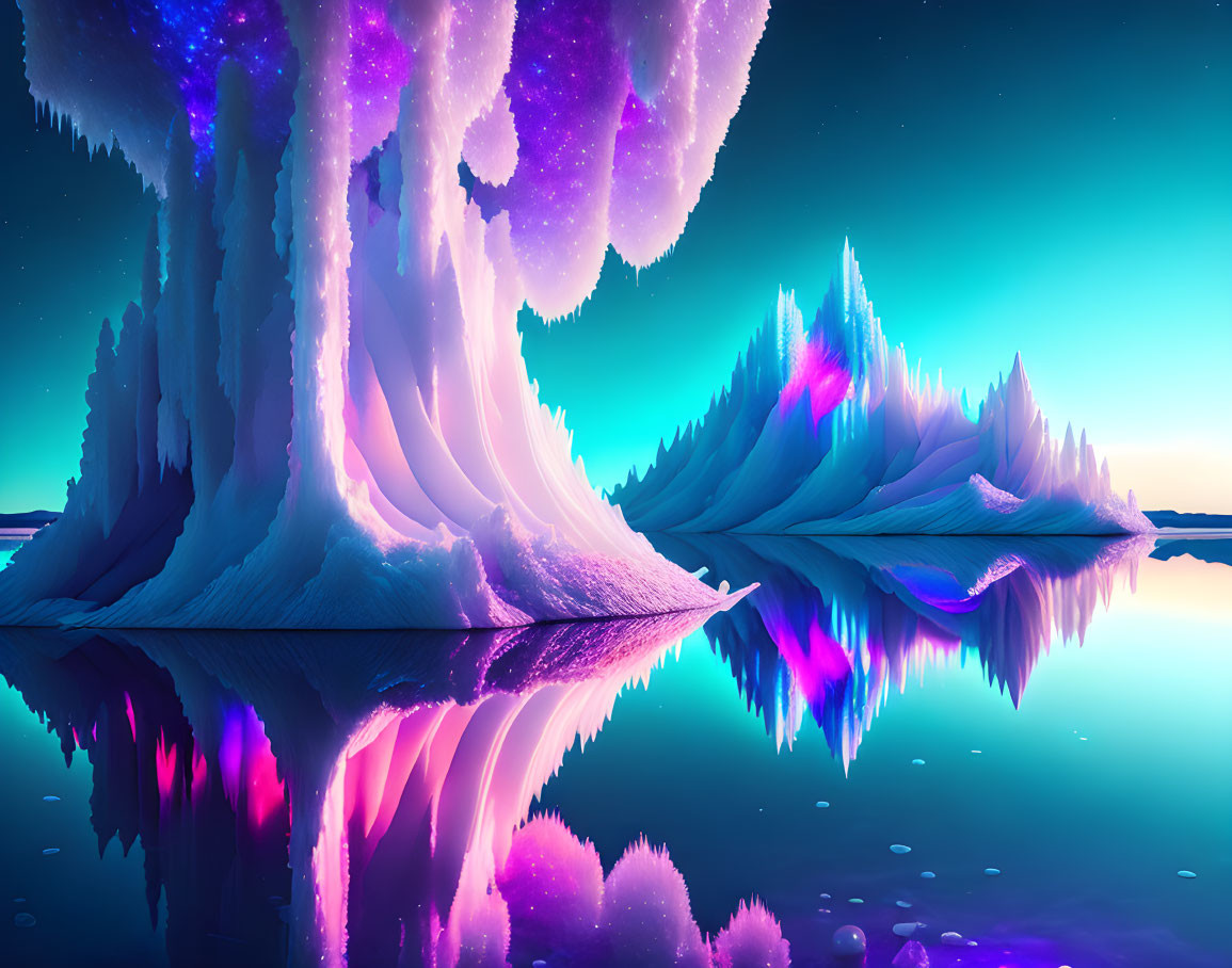 Digital artwork of icy landscape with pink and purple hues reflecting in tranquil water