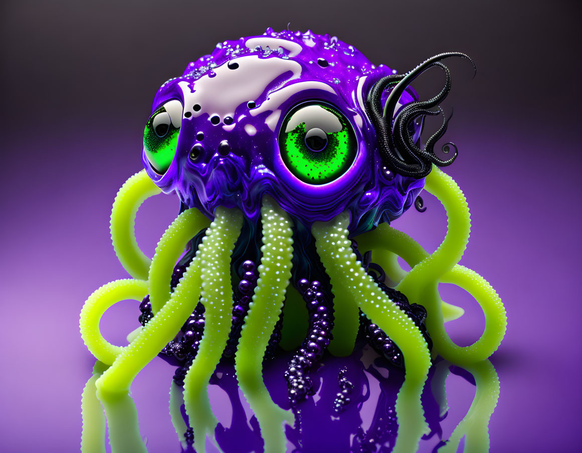 Colorful Cartoon Octopus with Large Eyes and Tentacles on Purple Background