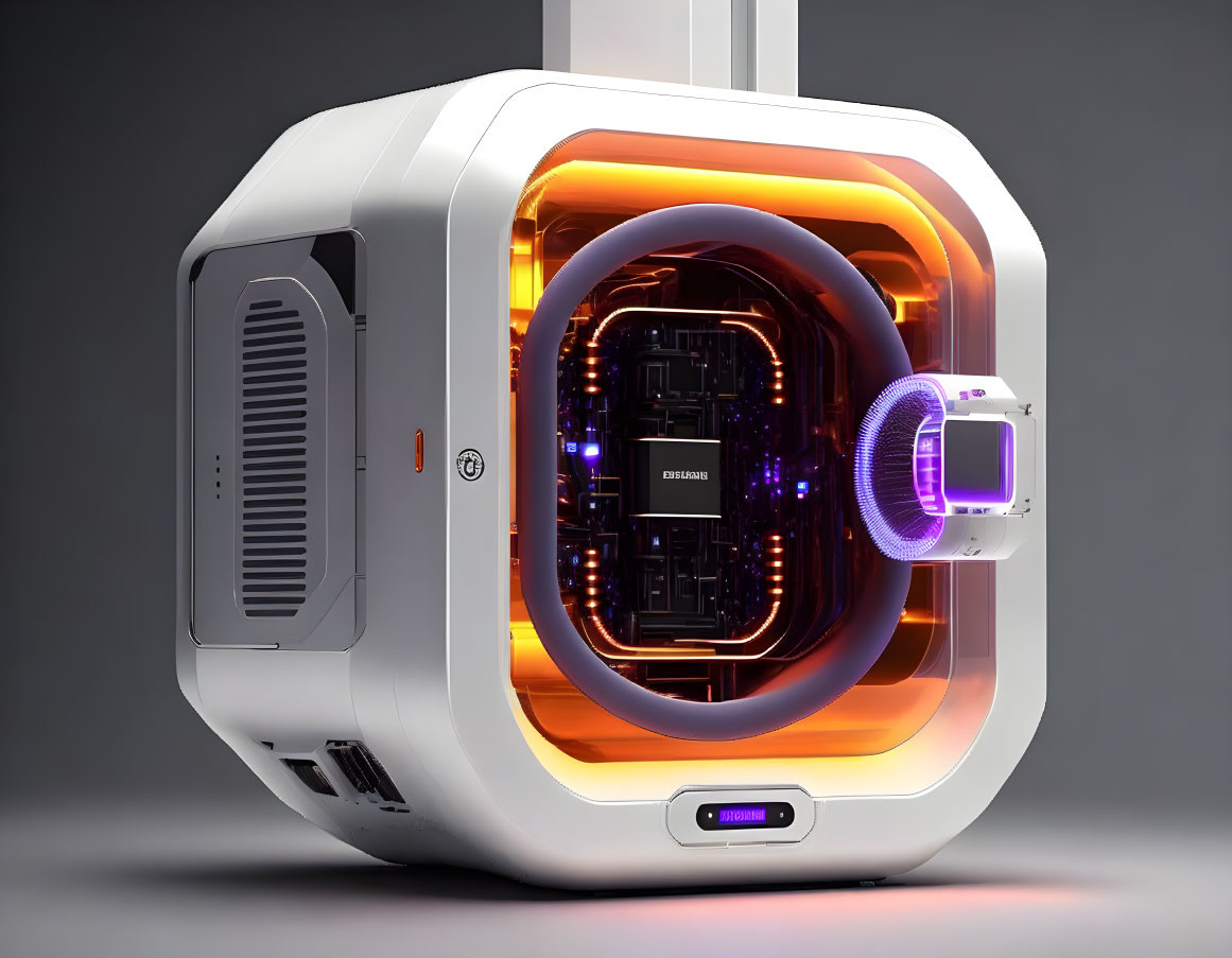 Futuristic White Compact Computer with Exposed Circuitry and Cooling System