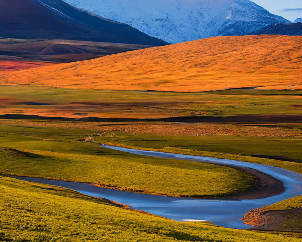 Scenic landscape: rolling hills, winding river, snow-capped mountains