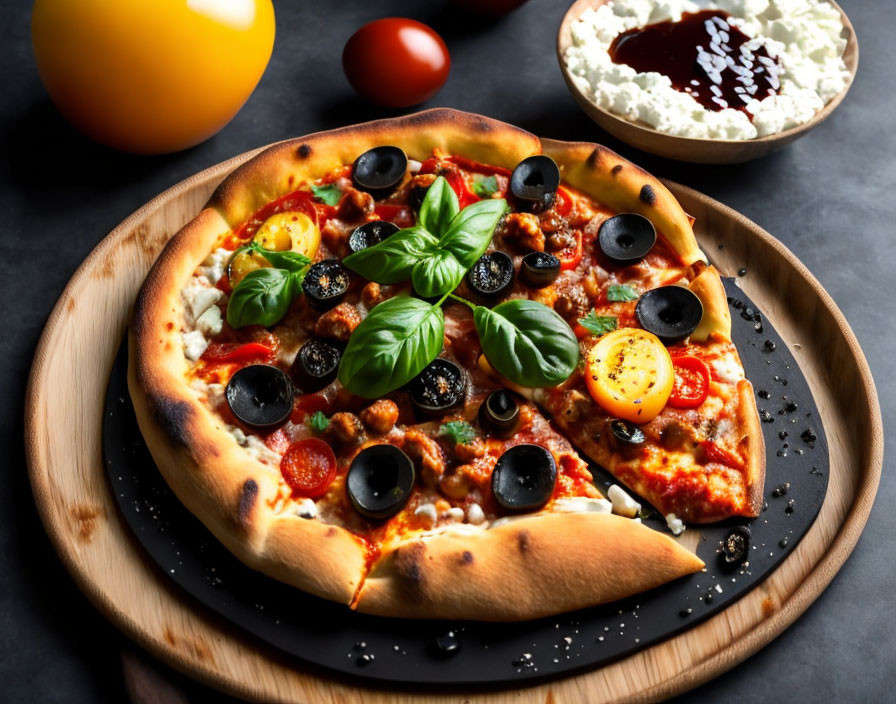 Freshly Baked Pizza with Tomatoes, Black Olives, Basil, Cheese on Wooden Board