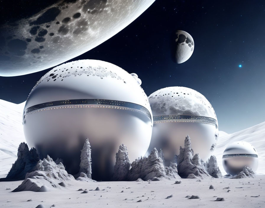 Futuristic extraterrestrial landscape with snowy spheres and starlit sky