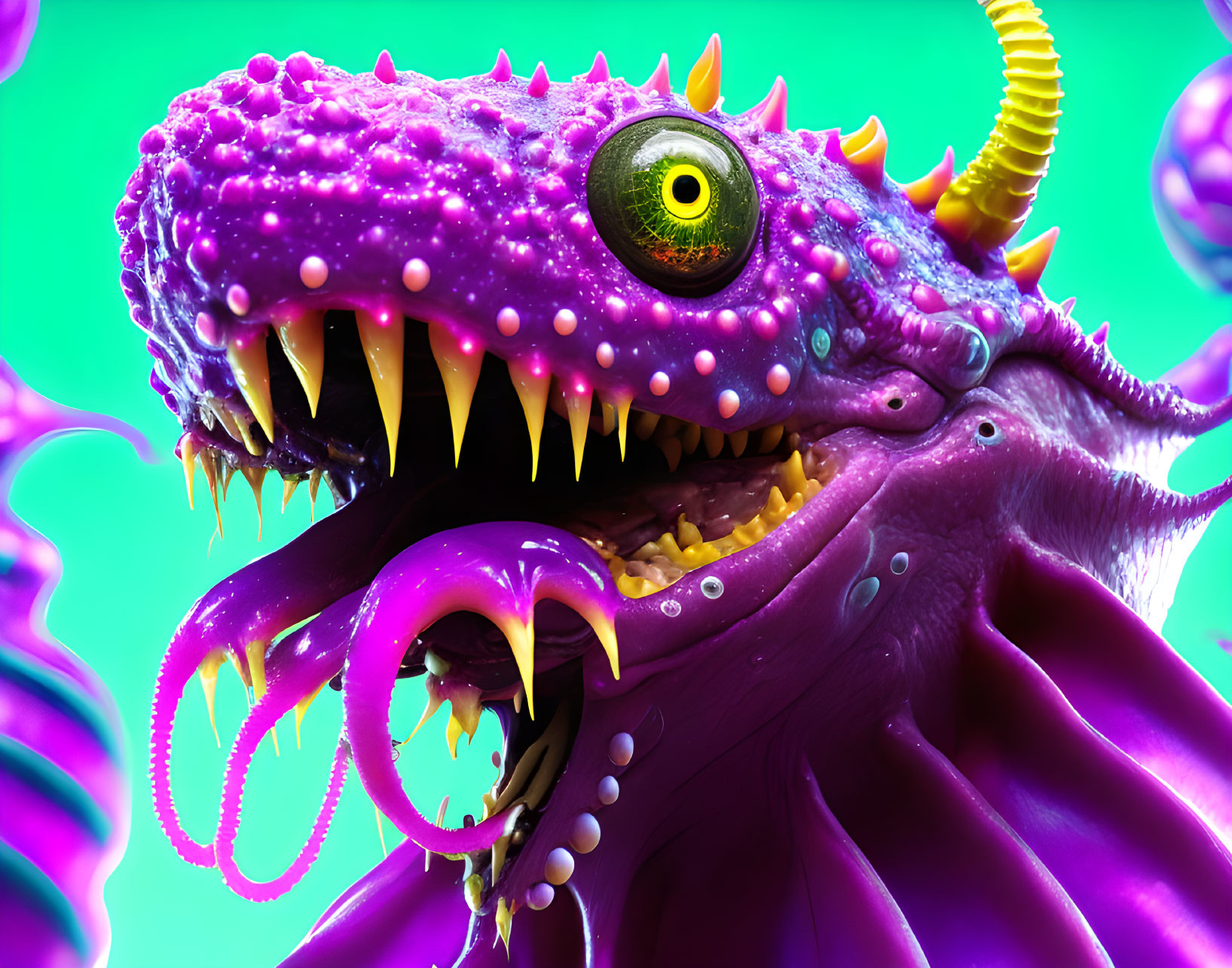 Colorful 3D fantasy creature with tentacles and horns on green backdrop