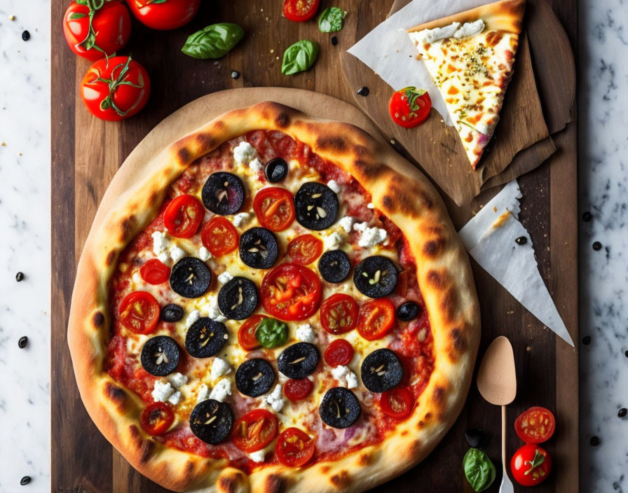 Freshly Baked Pizza with Tomato Sauce, Mozzarella, Olives, Tomatoes, and Basil