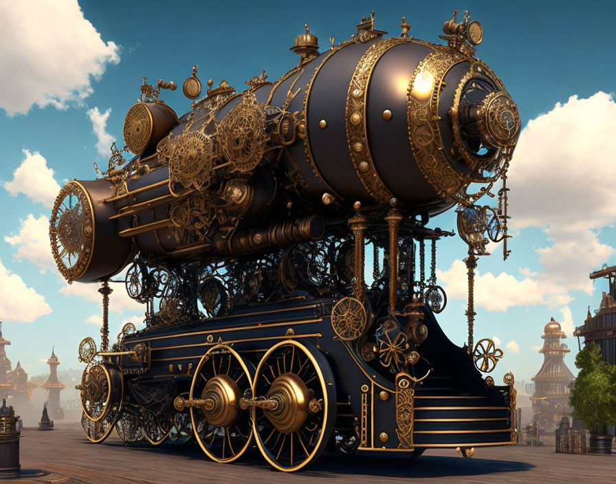 Steampunk-style locomotive with brass gears in industrial cityscape