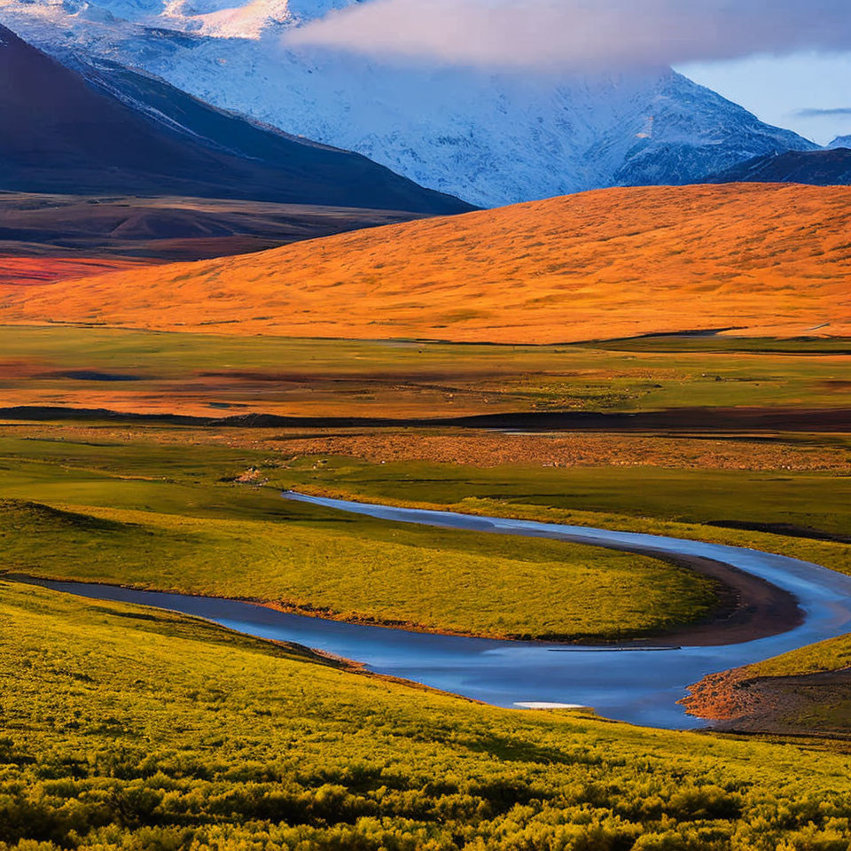 Scenic landscape: rolling hills, winding river, snow-capped mountains