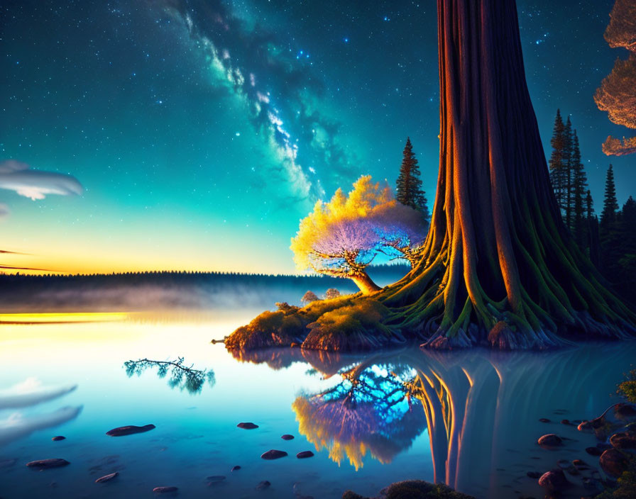 Twilight lakeside scene with majestic tree and starry sky