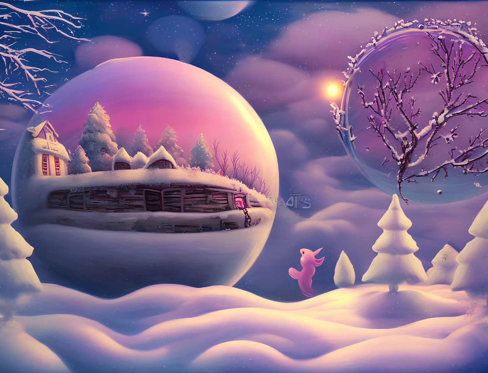 Winter cabin scene with bubble, bunny, and snowy trees under starry sky