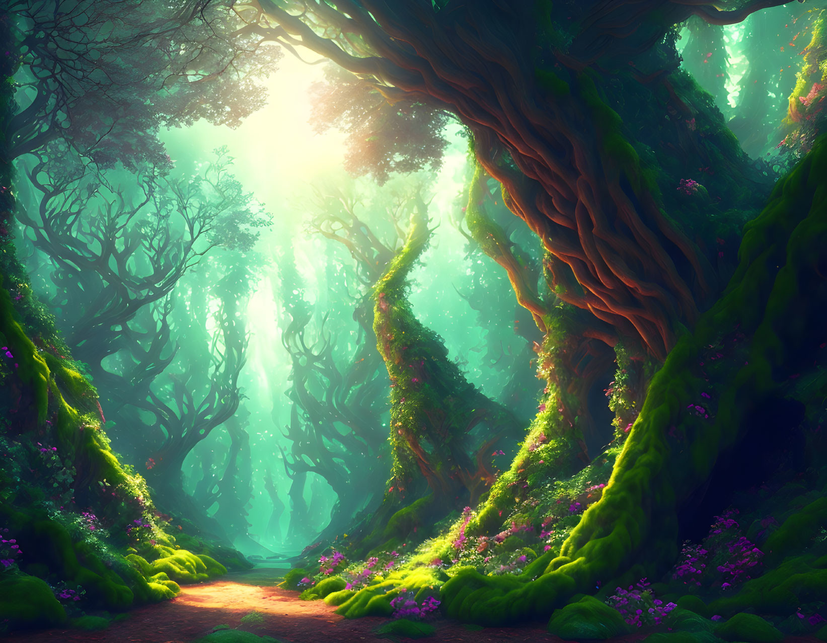 Sunlit enchanted forest with moss-covered trees and purple flower-lined path