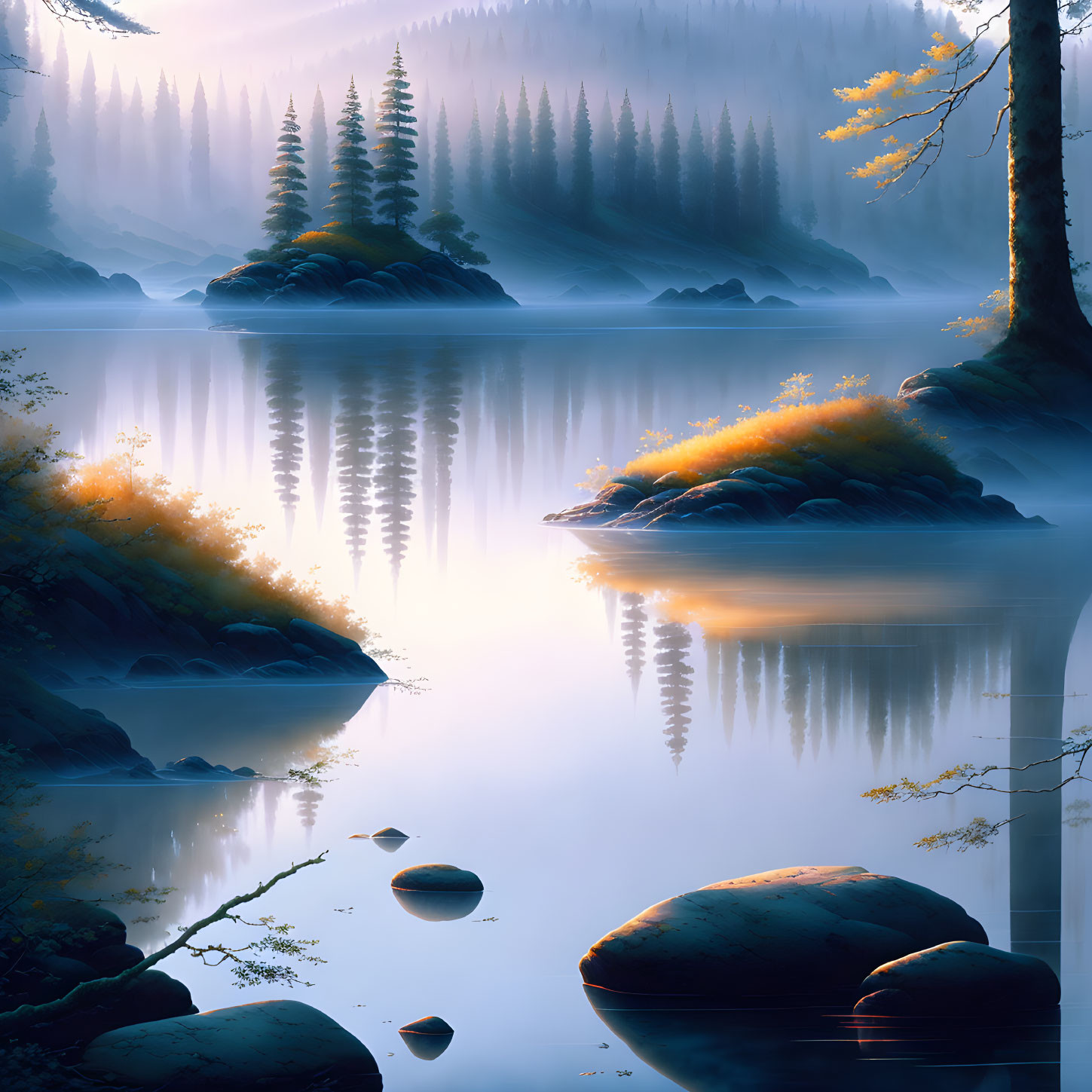 Tranquil misty lake sunrise with coniferous tree reflections