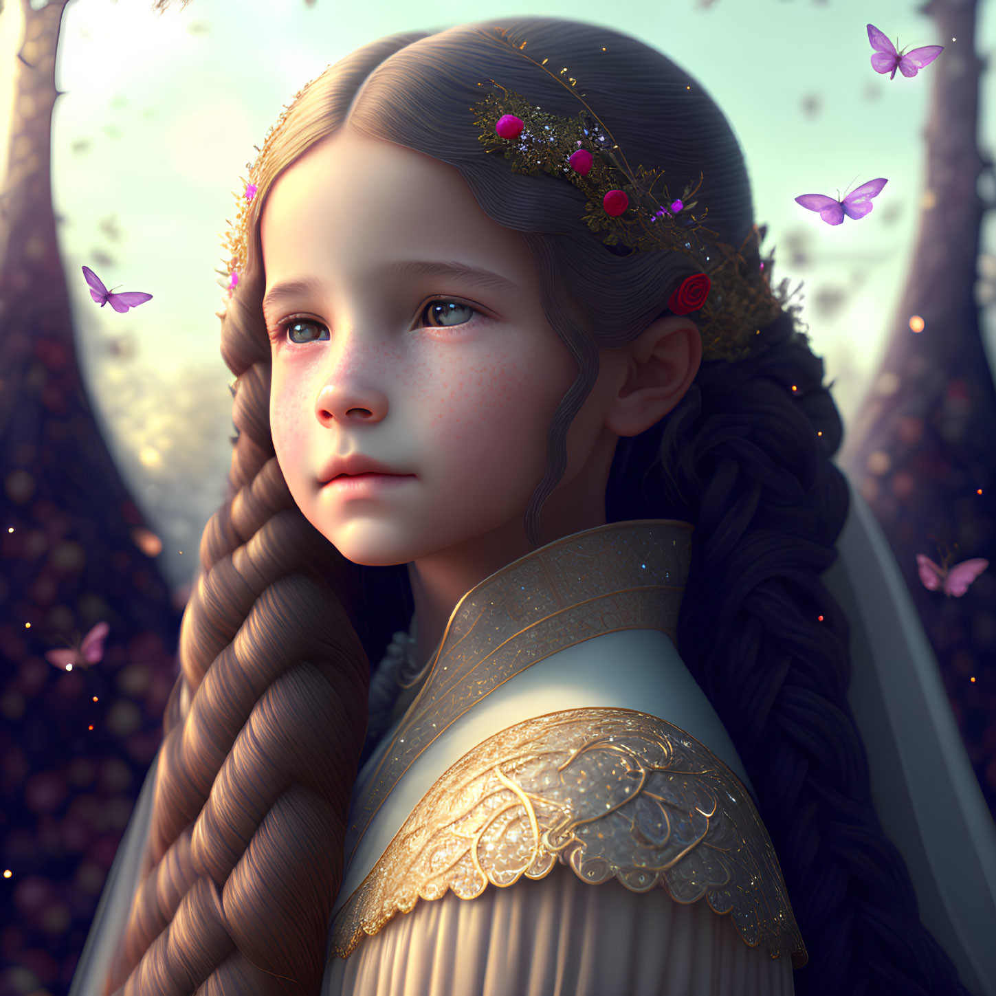 Digital artwork: Young girl with braided hair and flowers, butterflies in magical forest