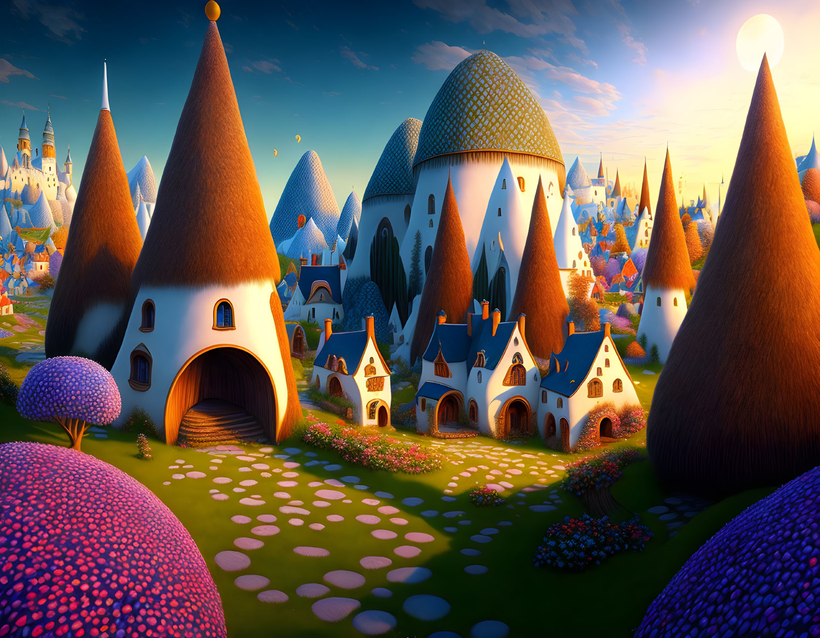 Colorful fantasy landscape with mushroom-shaped houses and vibrant flora