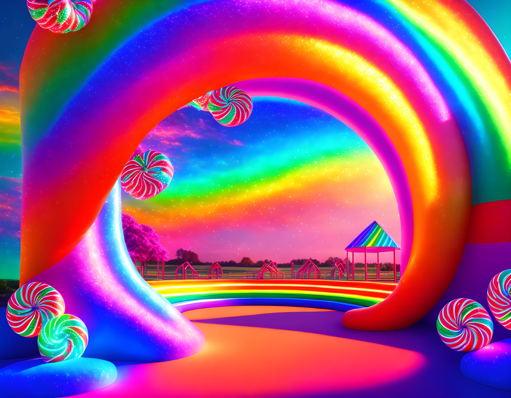 Colorful Fantasy Landscape with Rainbow Arches and Giant Lollipops