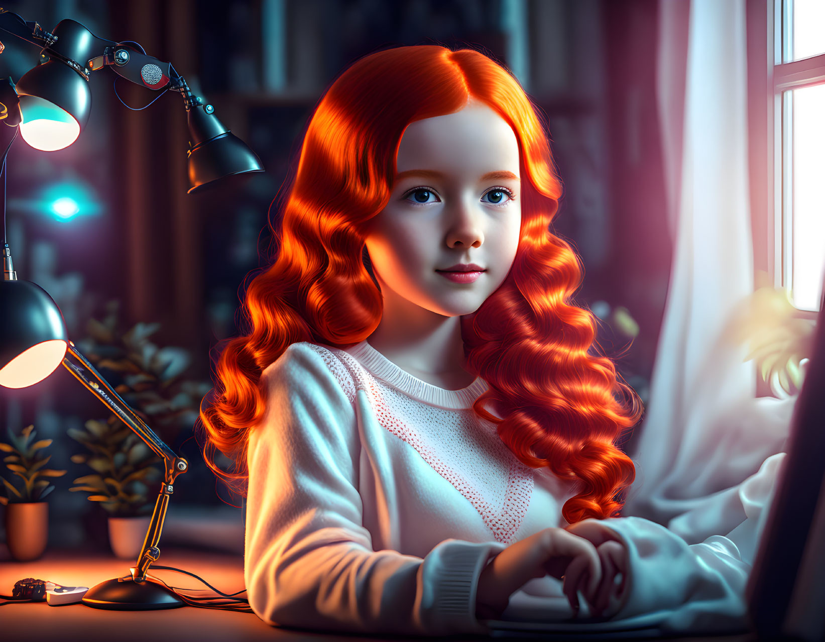 Red-haired girl in contemplative scene by window and computer screen