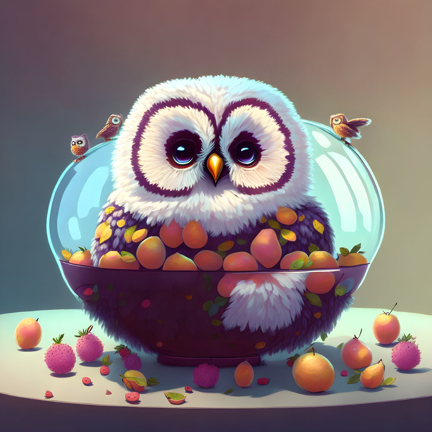 Stylized illustration of cute owl in glass bowl with colorful fruit