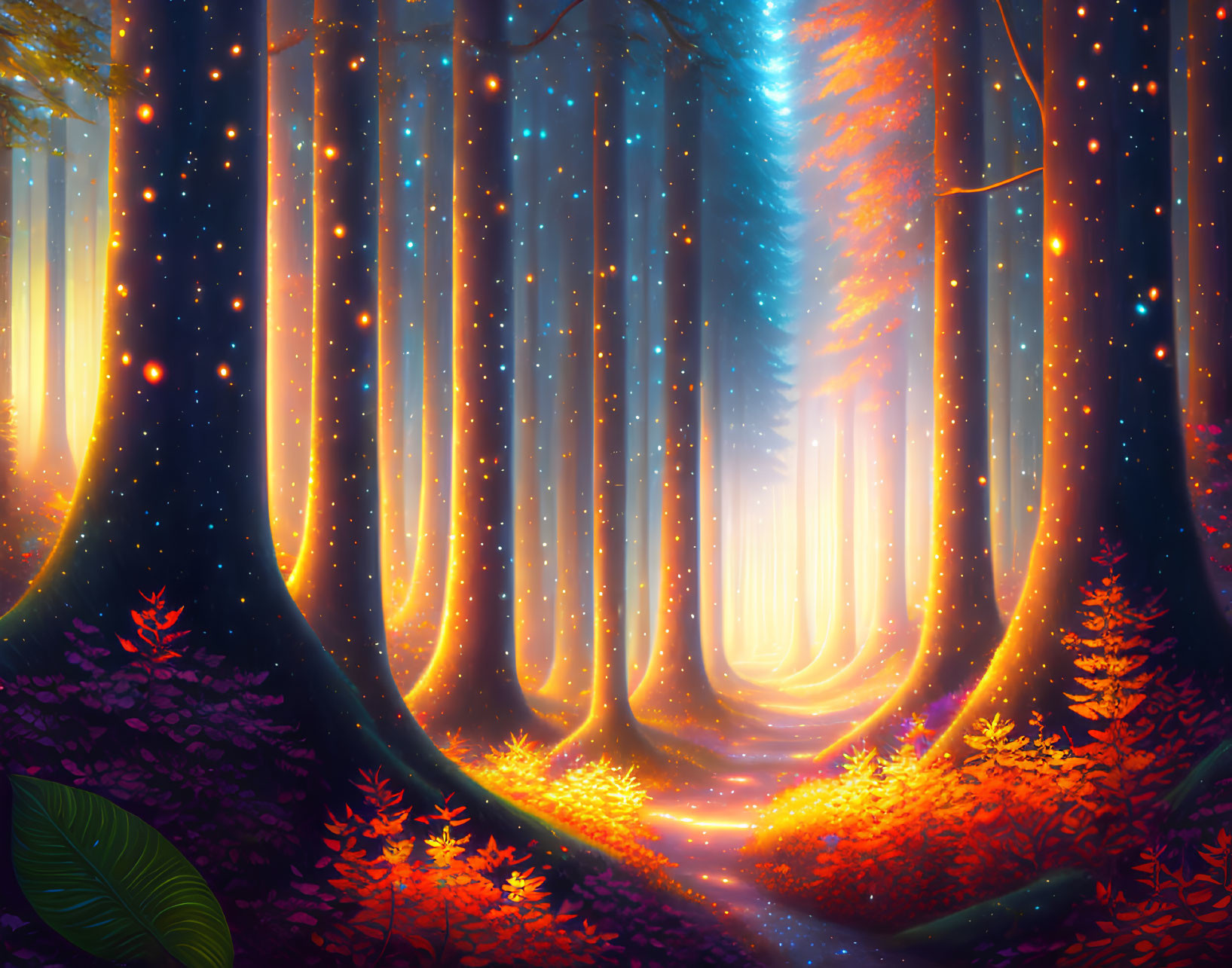 Enchanting forest with glowing lights and colorful foliage