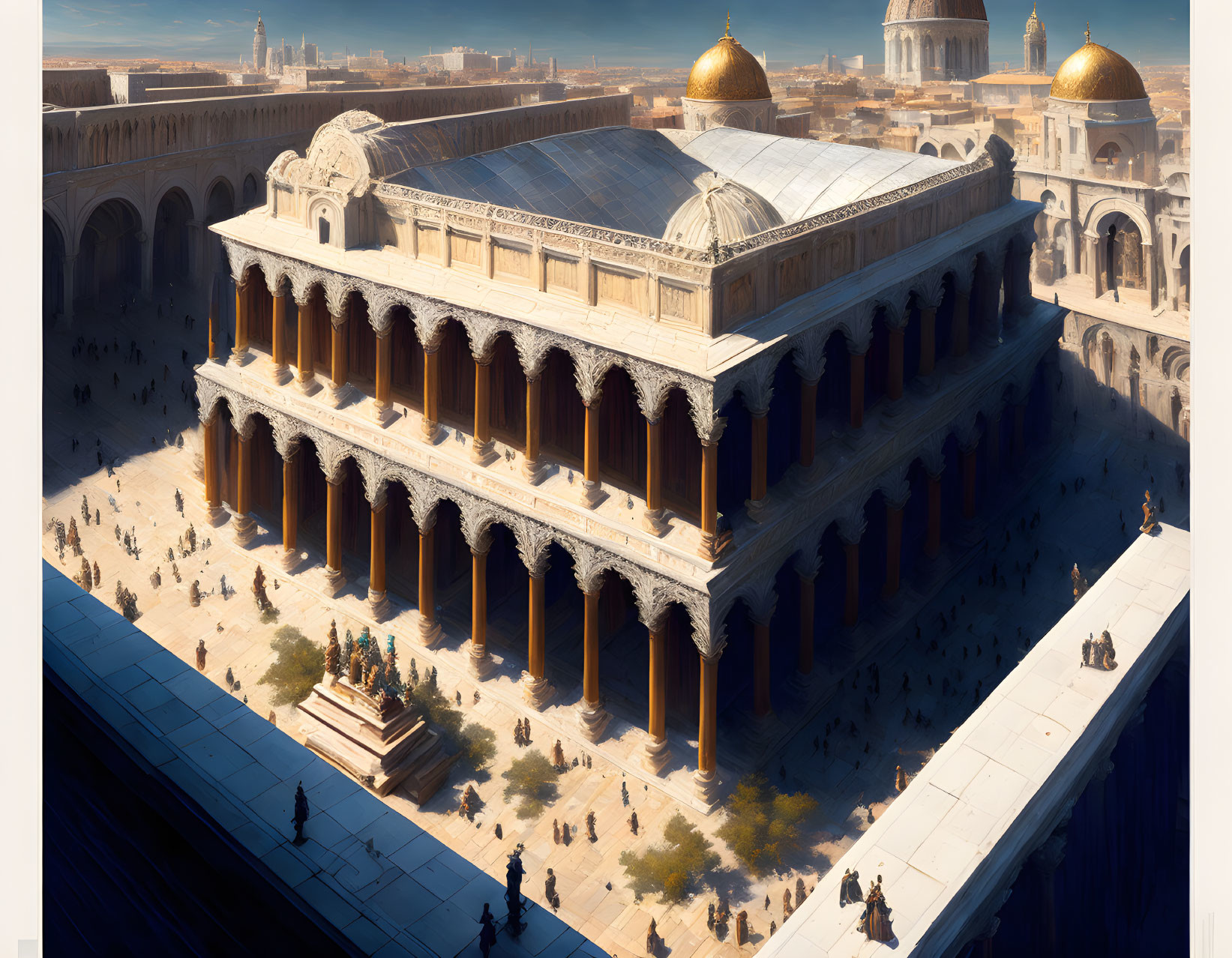 Illustration of majestic ancient building with domes and arches in warm sunlight