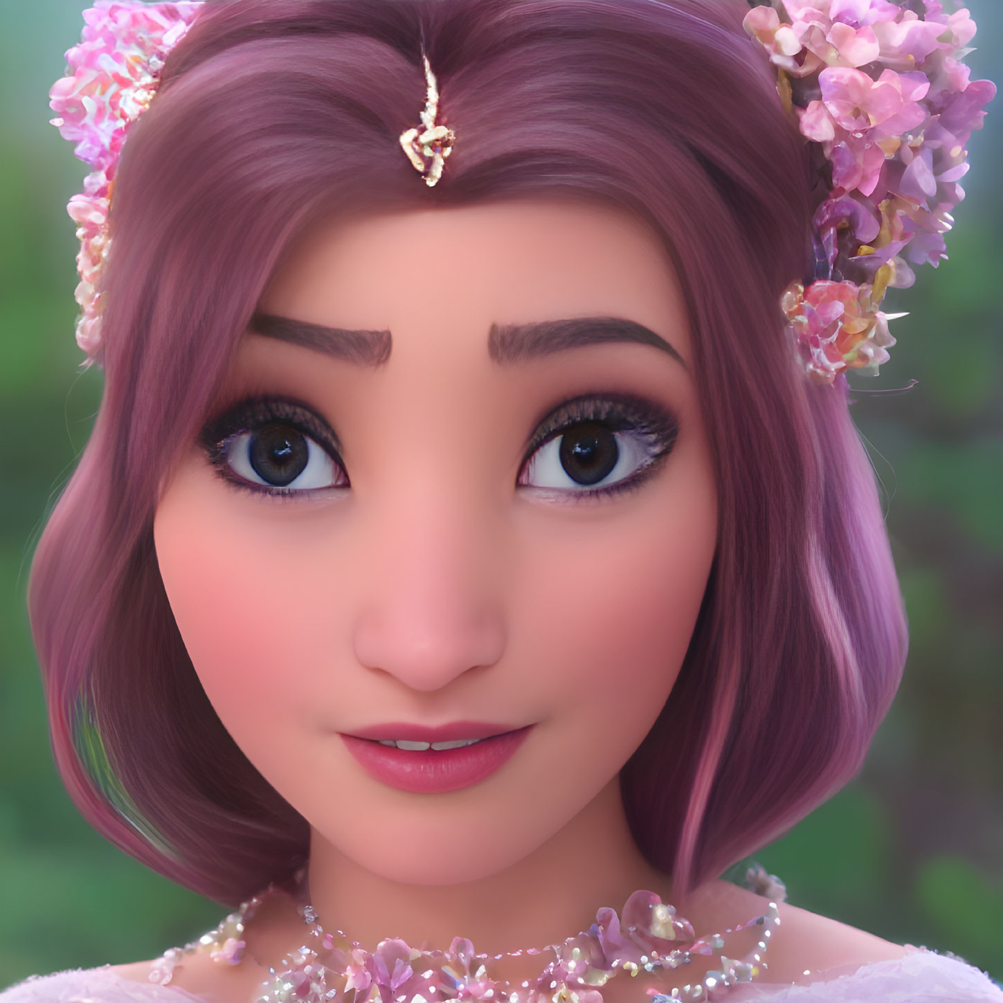 Detailed close-up of 3D-animated female character with purple hair and flower accessories