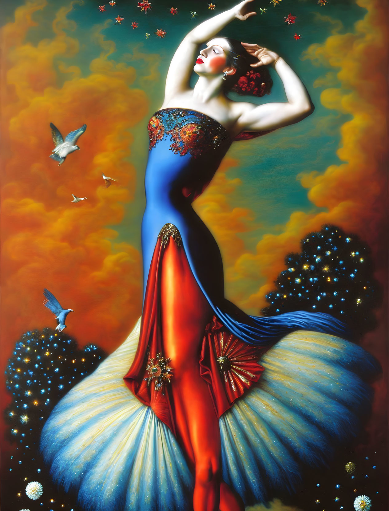 Colorful painting of woman in red and blue gown against fiery sky