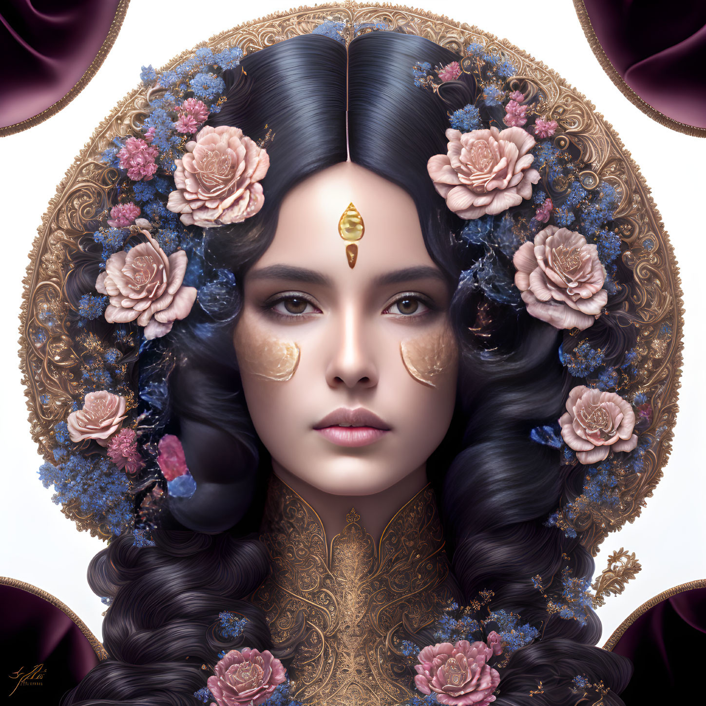 Elaborate gold and blue headpiece on woman in digital portrait